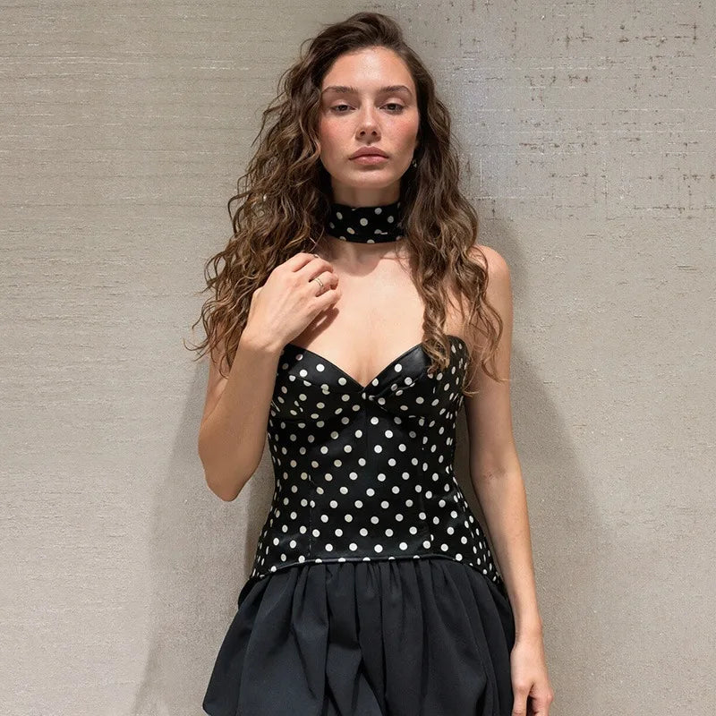 Strapless Polka Dot Patchwork Scarf Ribbon Mini Dress