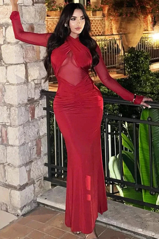 Hollow Out Long Sleeve O Neck Bodycon Maxi Dress