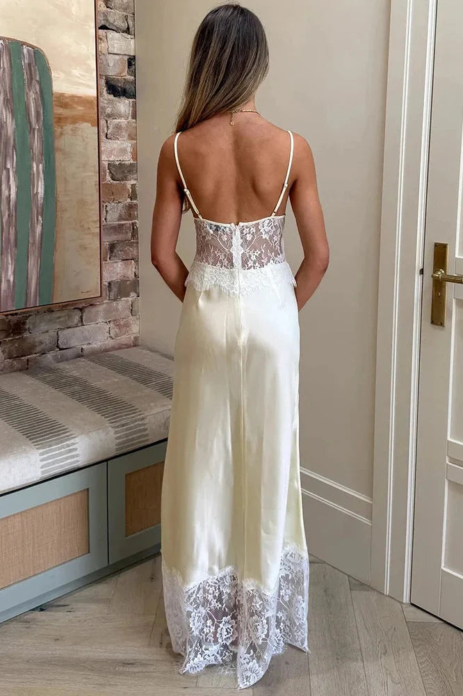 Spaghetti Strap Backless Lace Patchwork V Neck Sleeveless Maxi Dress