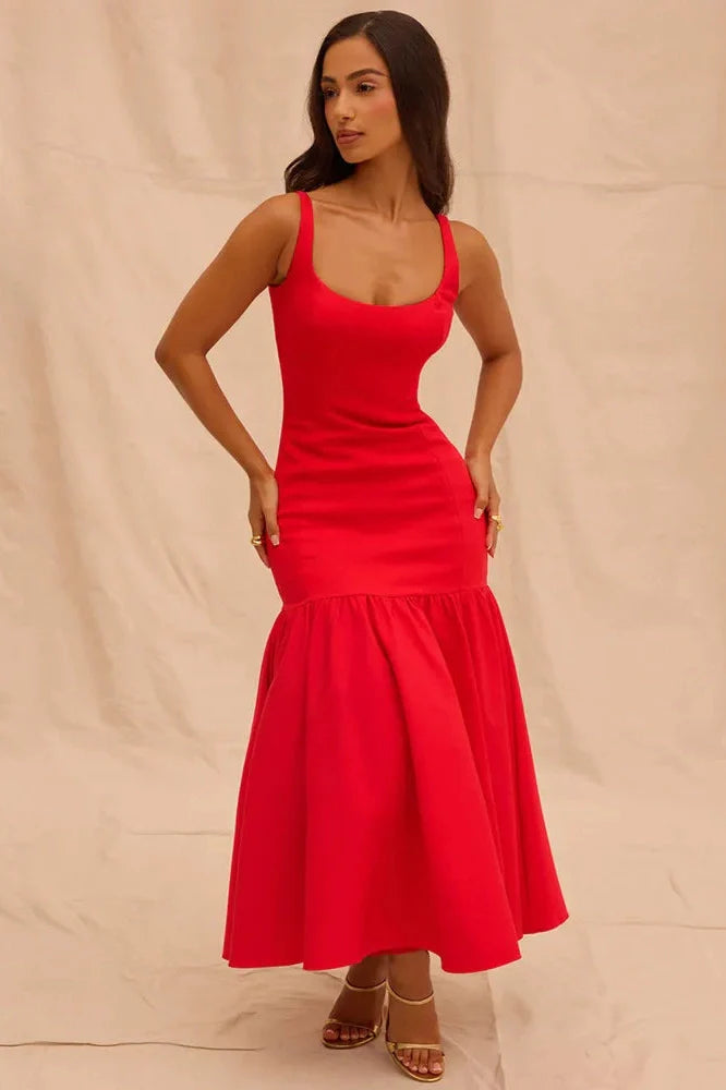 Backless Square Collar Sleeveless Loose Pleated Maxi Dress