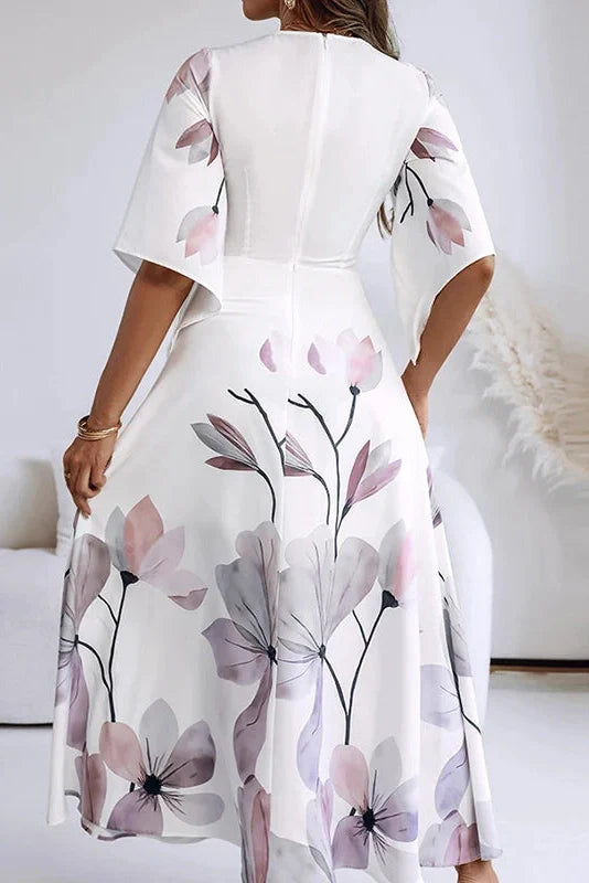 Elegant Half Sleeve Slim High Waist Pleated V-Neck Printed Maxi Dress