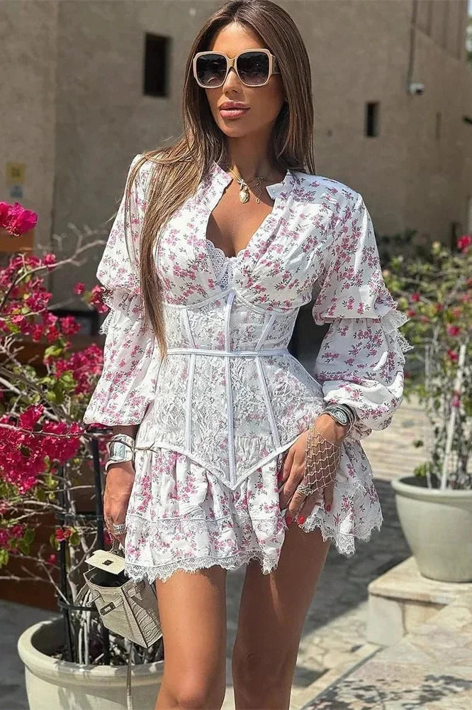 V Neck Lace Printed High Waist Long Sleeve Slim Fit Mini Dress