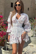 V Neck Lace Printed High Waist Long Sleeve Slim Fit Mini Dress