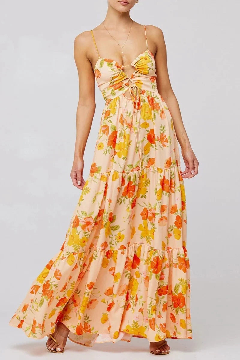 Sleeveless Spaghetti Strap Floral Print Maxi Dress