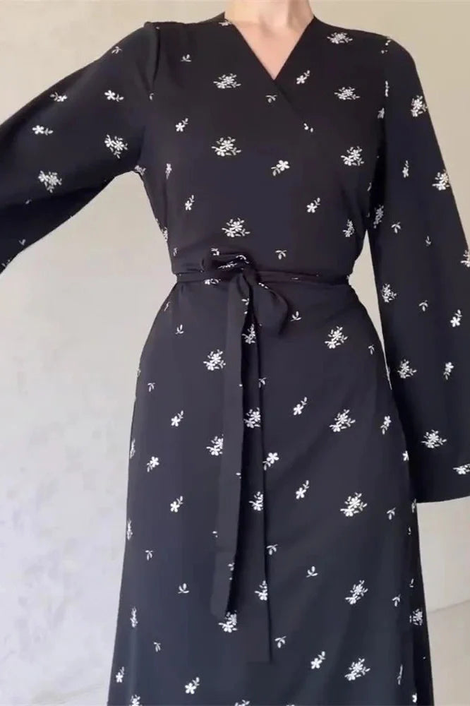 Printed V-Neck Patchwork High Waist Lace-Up Maxi Dress