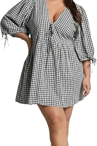 Short Sleeve V Neck Plaid Mini Dress