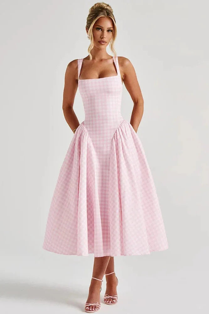 Plaid Printed Spaghetti Strap High Waist A-line Backless Midi Dress