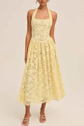 Hollow Out Backless Sleeveless Slim Pleated Lace Midi Dress