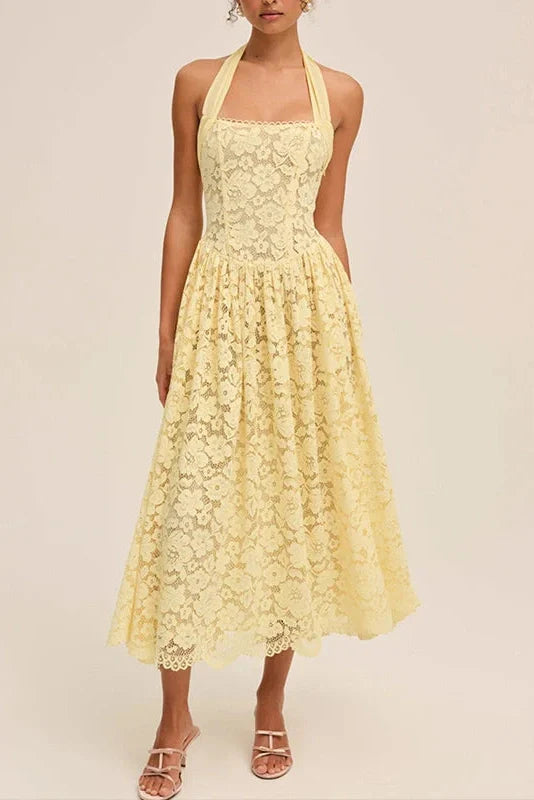 Hollow Out Backless Sleeveless Slim Pleated Lace Midi Dress