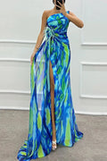 Sleeveless Backless High Split Printed One Shoulder Maxi Dress