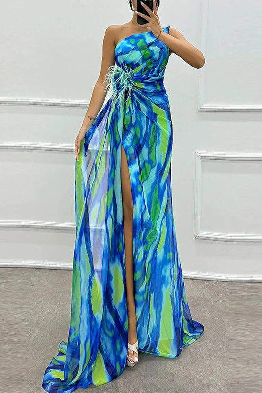 Sleeveless Backless High Split Printed One Shoulder Maxi Dress