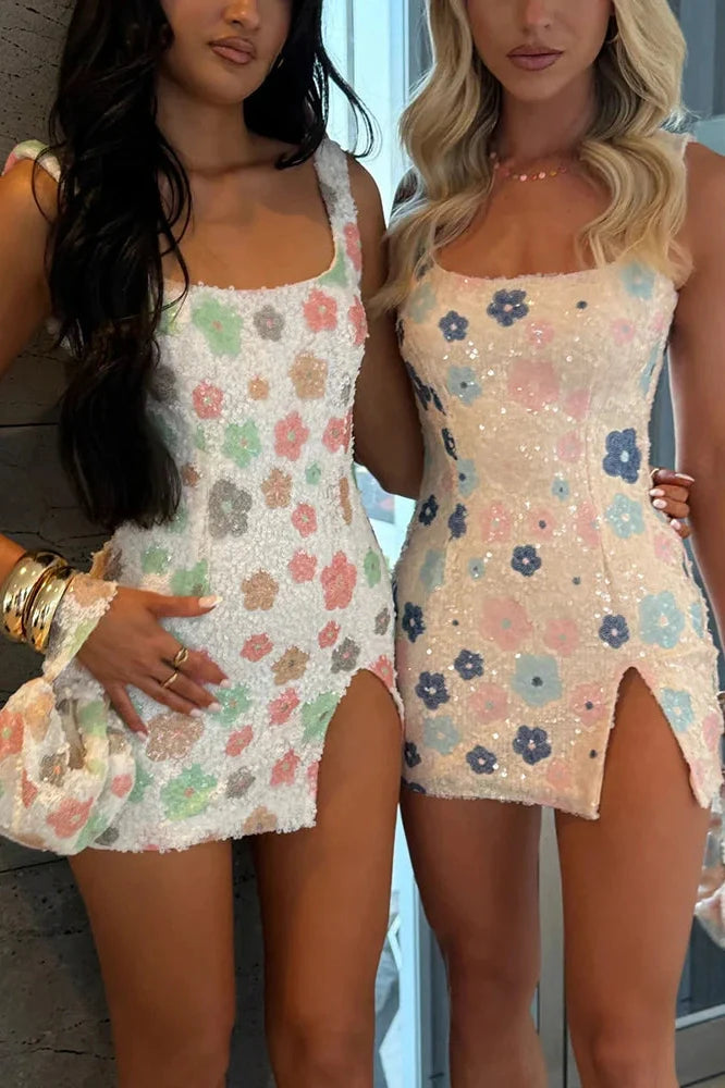 Printed Square Collar Sleeveless Backless Split Mini Dress