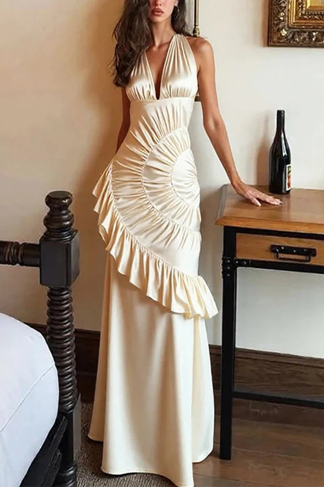 Elegant Backless Off-Shoulder Fit High Waist Pleated Irregular Maxi Dress