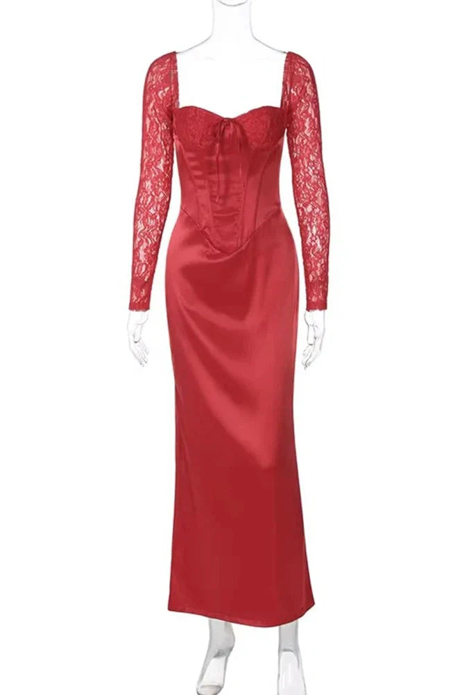 Elegant Slim Lace Long Sleeve Lace Up Maxi Dress