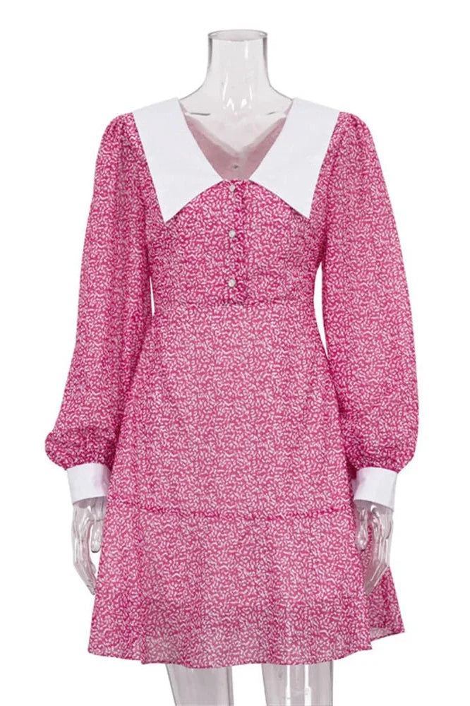 V-Neck Printed High Waist Long Sleeve Backless Mini Dress