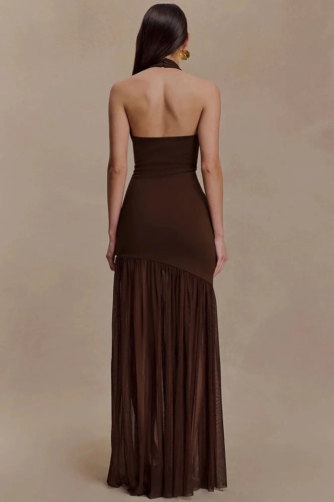 Hollow Out Backless Patchwork V Neck Sleeveless Bodycon Maxi Dress