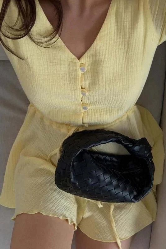 Flared-Sleeve V-Neck Lace-Up Button A-Line Mini Dress