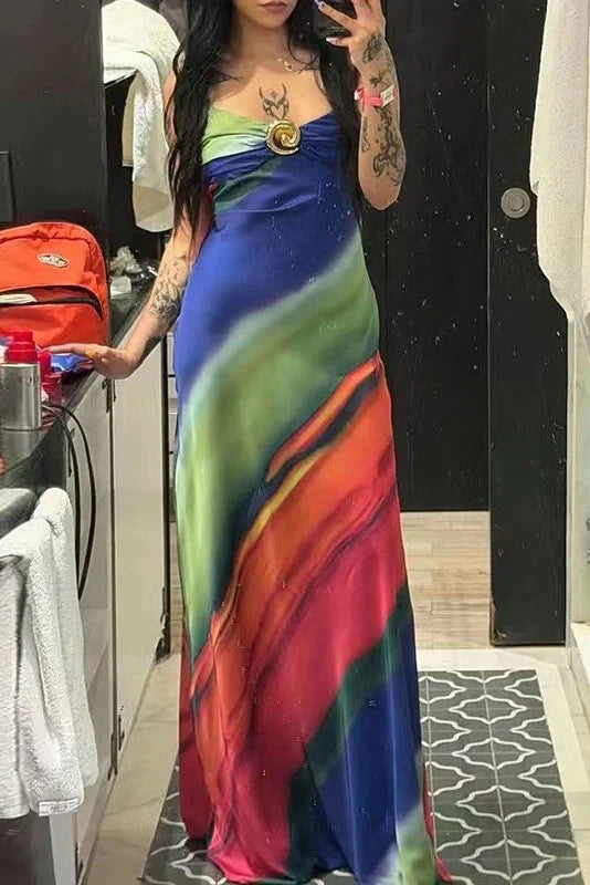 Elegant Printed Sleeveless Slim V-Neck Backless Maxi Dress