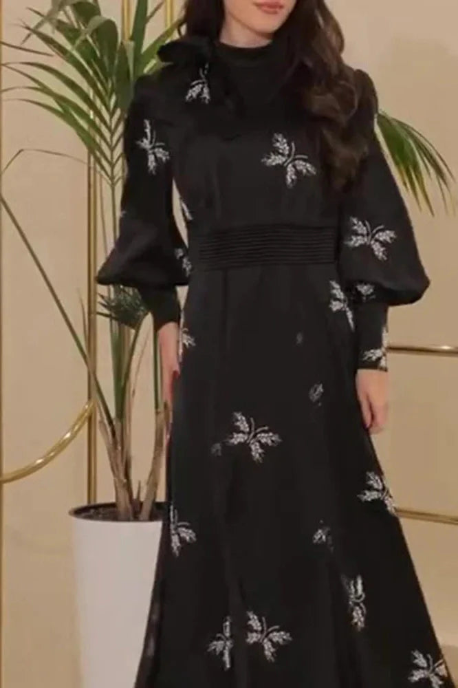 Elegant Printed Pleated High Waist Long Sleeve Slim Maxi Dress