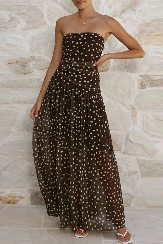 Sleeveless Pleated Printed Off-Shoulder Maxi Dress