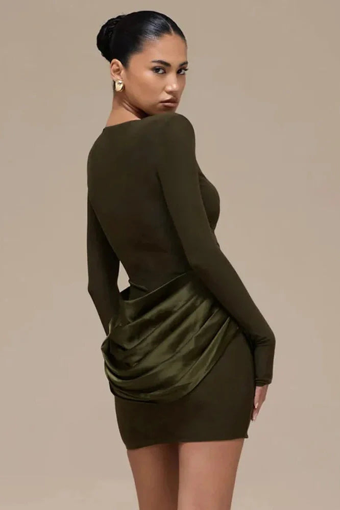 Long Sleeve Patchwork O Neck High Waist Mini Dress