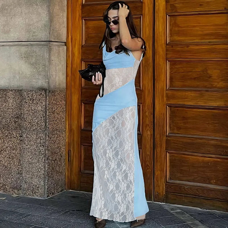 Elegant Patchwork See Through Maxi Dress