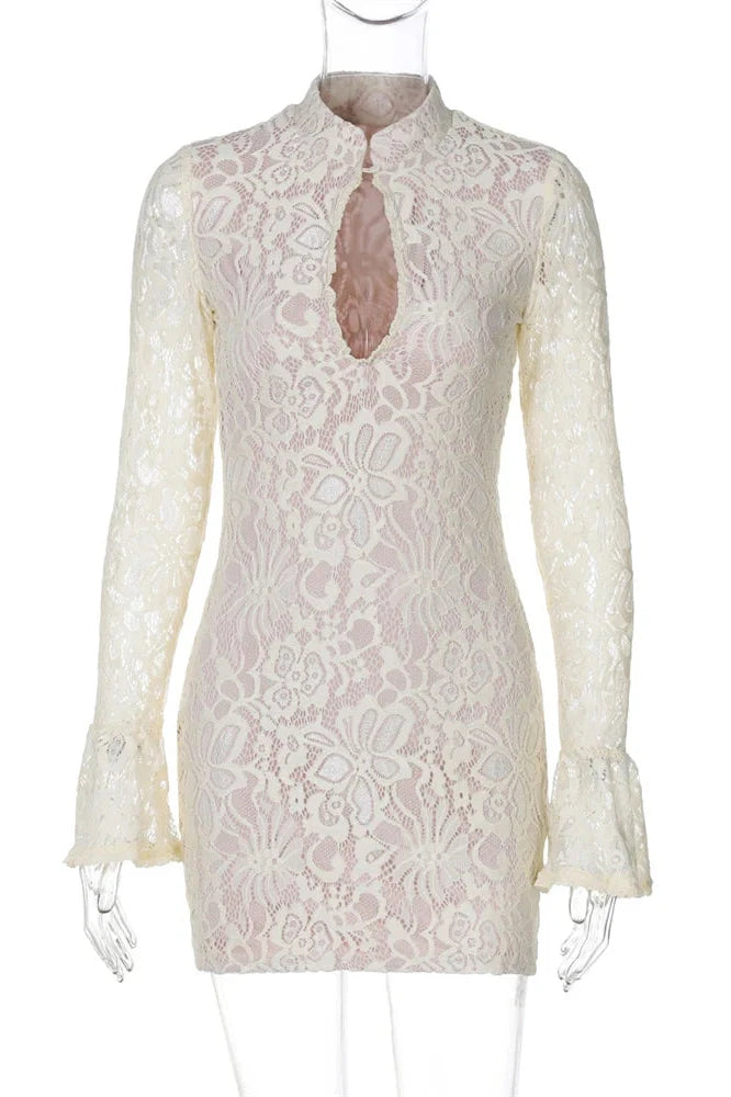 Hollow Out Lace Printed V-Neck Slim Long Sleeve Mini Dress