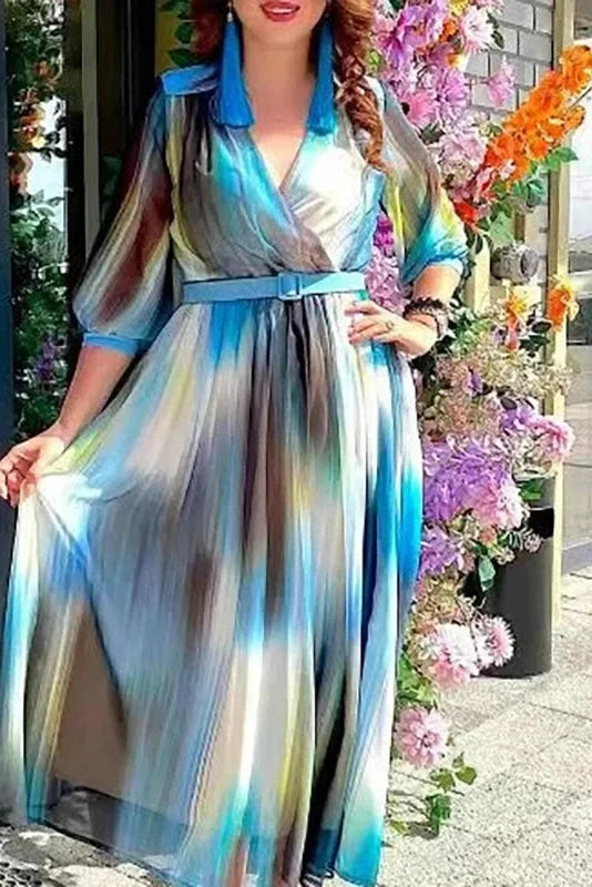 Half Sleeve Loose V-Neck Printed Pleated Maxi Dress