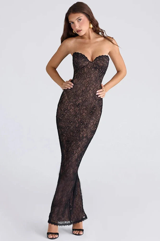 Lace Long Sleeve Square Collar Strapless Split Bodycon Maxi Dress