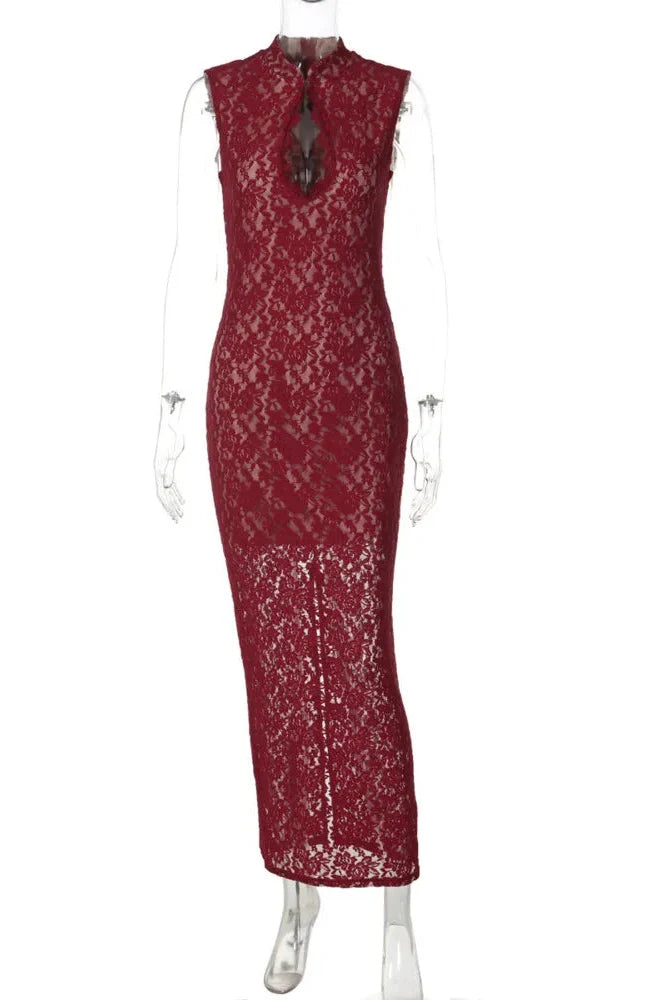 Hollow Out Lace Sleeveless High Collar Split Bodycon Maxi Dress