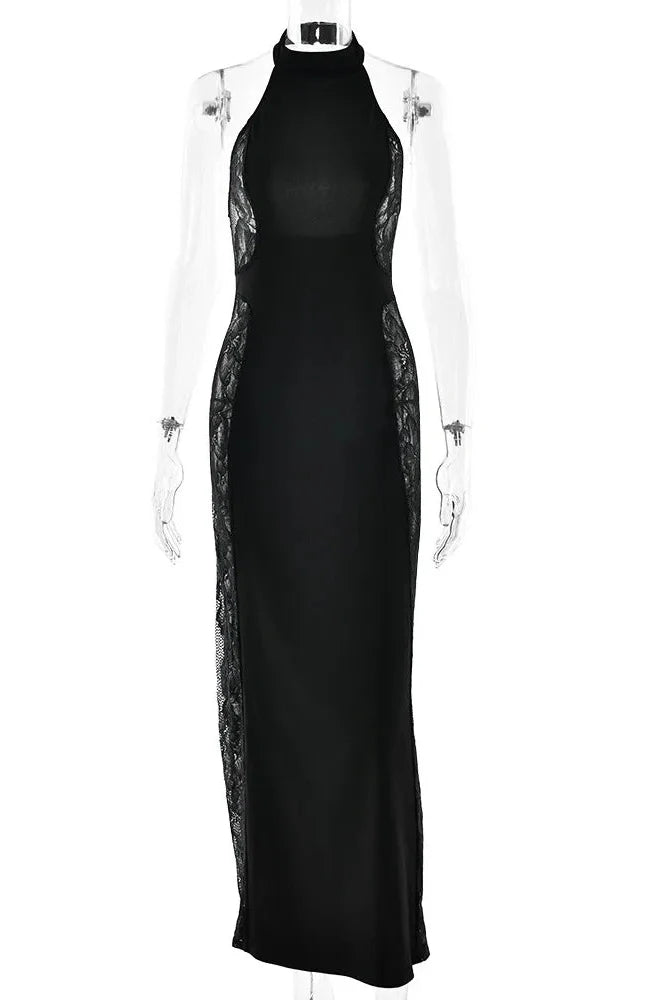Lace Printed Backless Patchwork Off-Shoulder Sleeveless Bodycon Maxi Dress