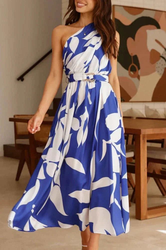 One Shoulder High Waist Pleated Sleeveless Maxi Dress