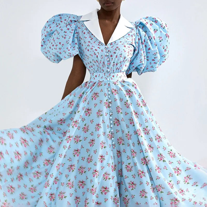 Printed V Neck High Waist A-Line Mini Dress