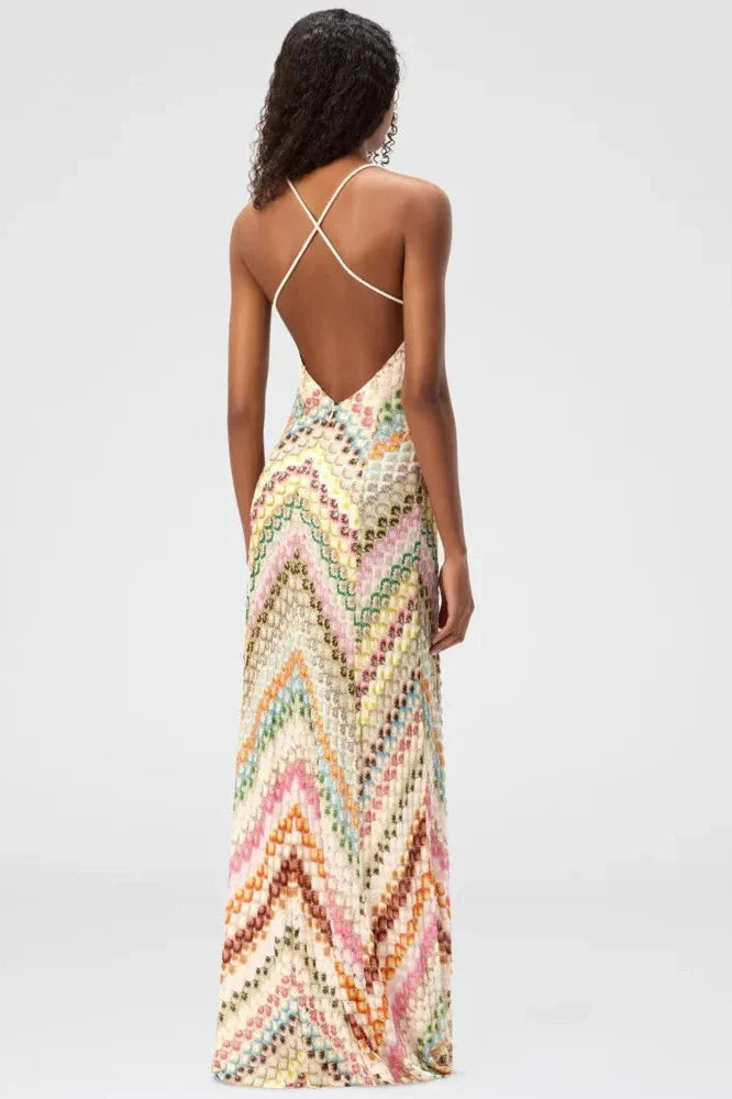 Backless Knit Spaghetti Strap Sleeveless High Waist Maxi Dress