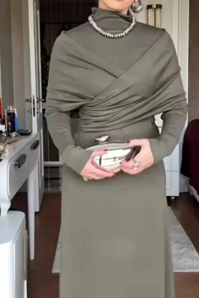 Elegant High Waist Long Sleeve Slim Pleated Irregular Maxi Dress