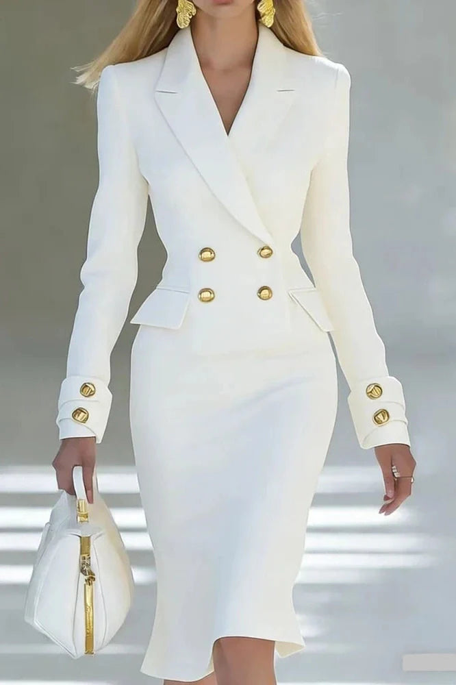 Elegant Long Sleeve V-Neck High Waist Slim Midi Dress