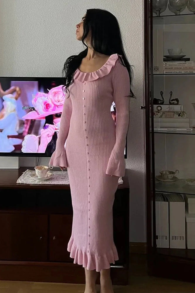 Elegant Slim High Waist Single Breasted Midi Dress