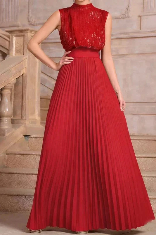 Sleeveless Pleated High Waist O-Neck Maxi Dress