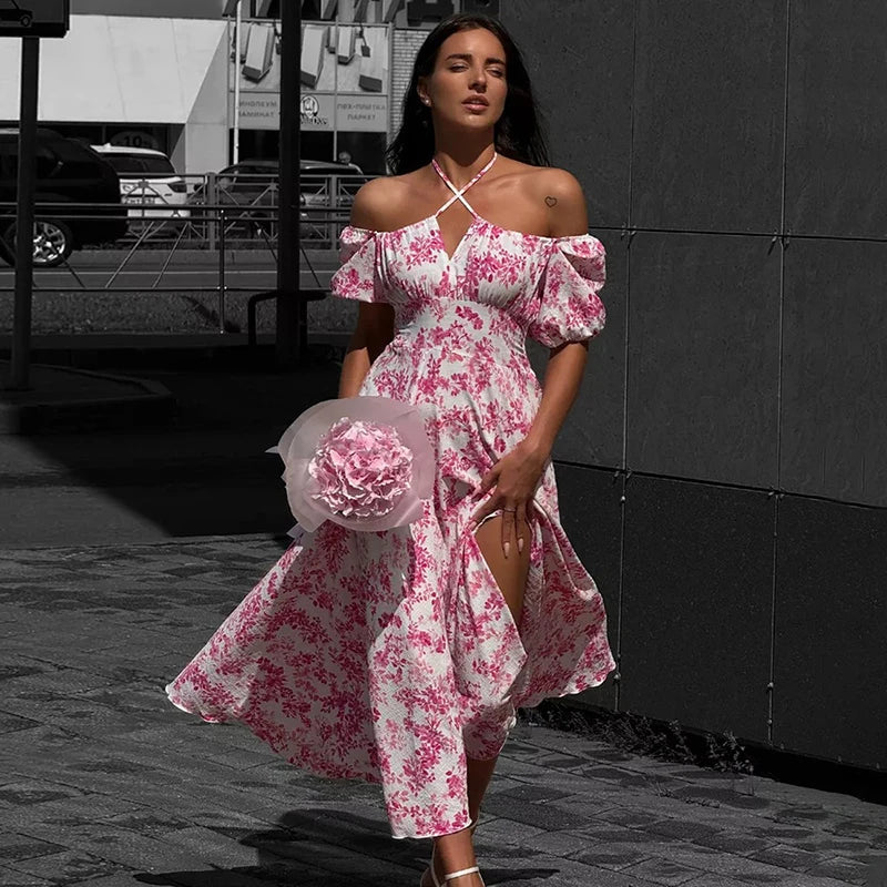 Off Shoulder Short Sleeve Lace Printed Slit Maxi Dress