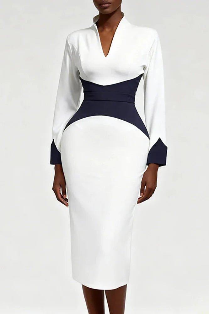 Elegant Long Sleeve Bodycon Deep V-Neck Slim Midi Dress