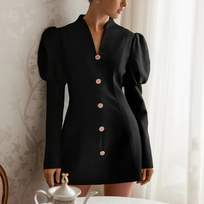 Elegant V-Neck Puff Sleeve Mini Dress