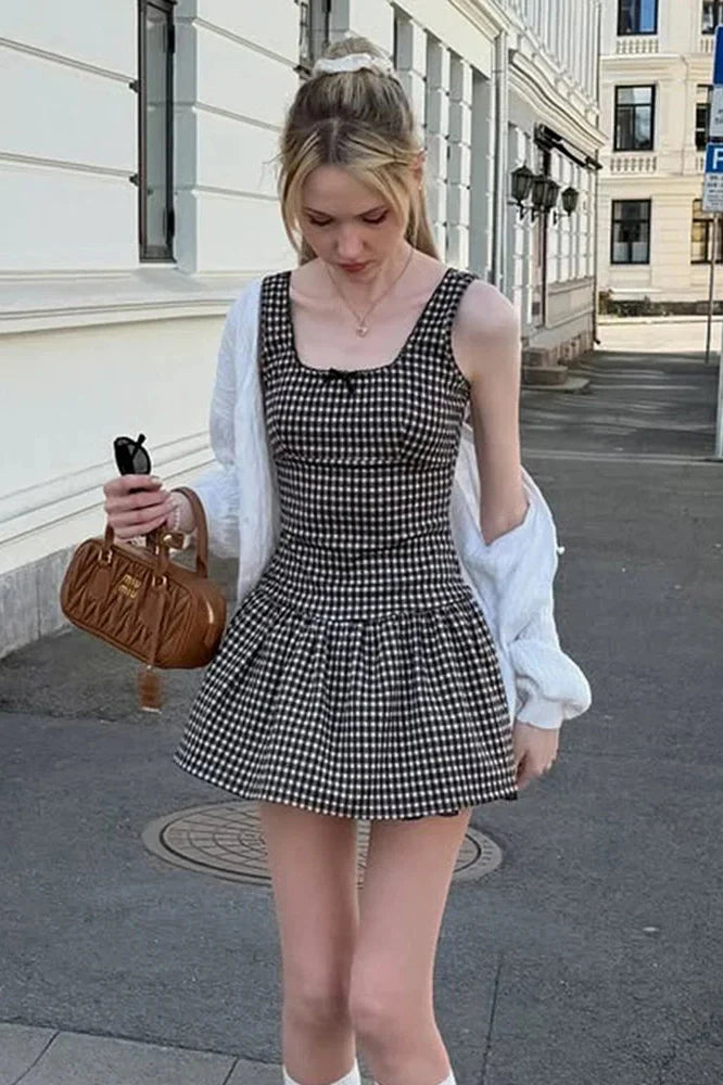 Plaid Printed Square Collar A-Line Sleeveless High Waist Mini Dress