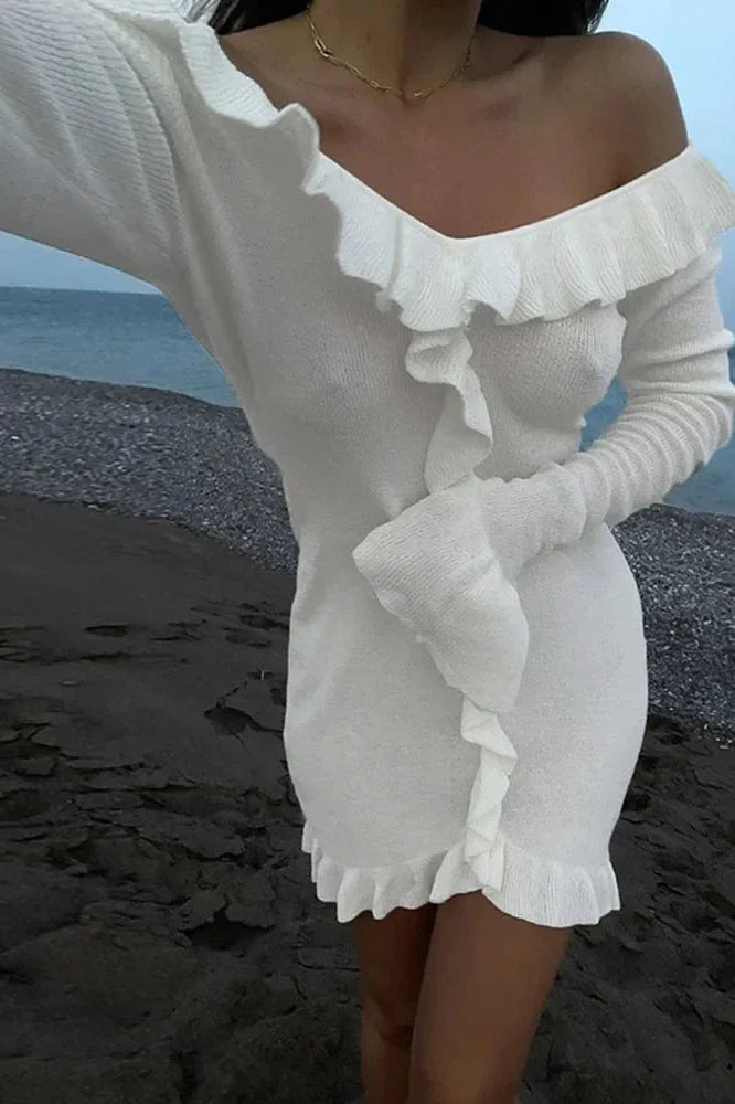 Elegant Knitted Long Sleeve Slim V Neck Mini Dress