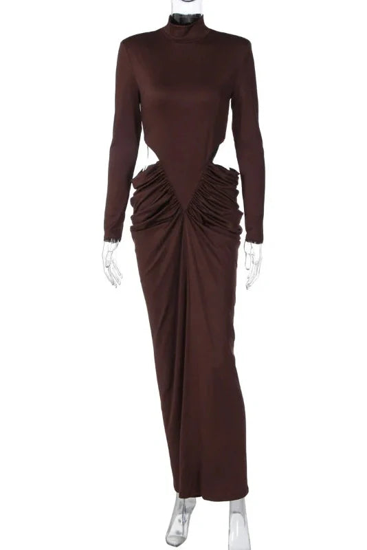 Elegant Hollow Waist Pleated Long Sleeve Slim Maxi Dress