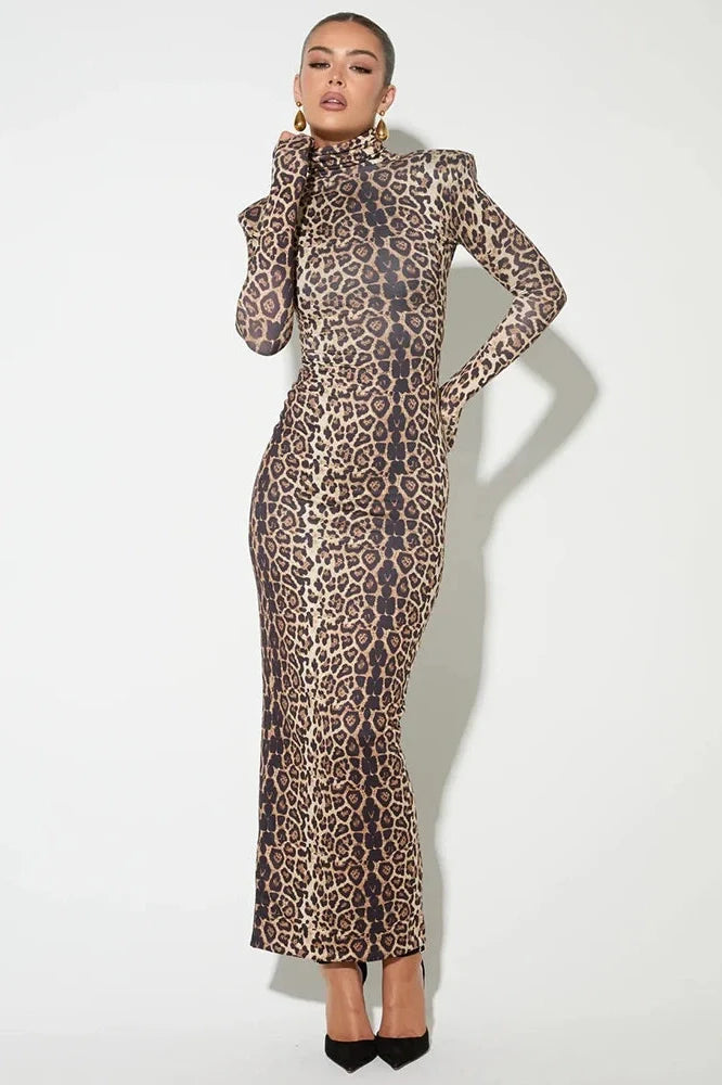 Leopard Print Long Sleeve Turtleneck Maxi Dress