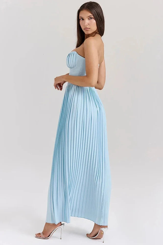 Off-shoulder Strapless Sleeveless Backless Pleated Maxi Dress