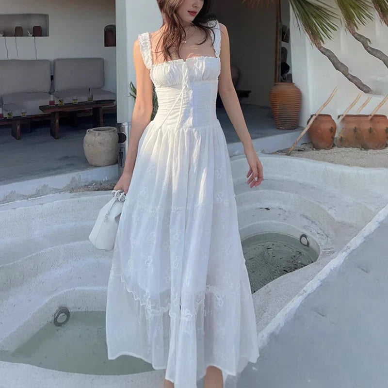 Lace Up Square Collar High Waisted Maxi Dress