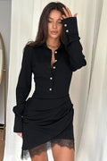 Single-Breasted Long Sleeve Lace Patchwork Bodycon Mini Dress
