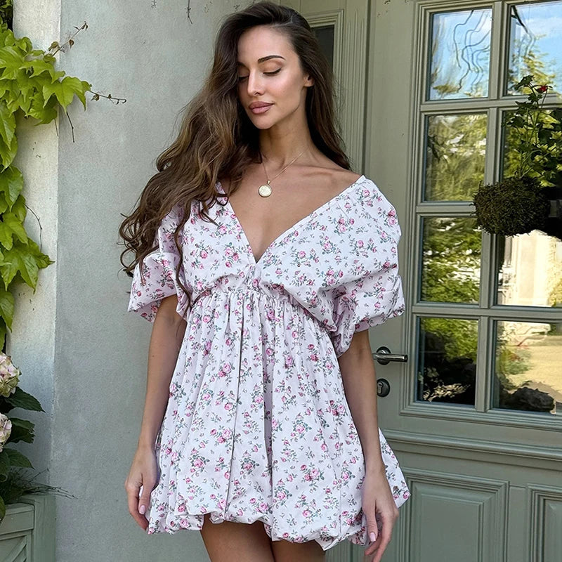 Printed Deep V-Neck Puff Sleeve Lace-Up Mini Dress