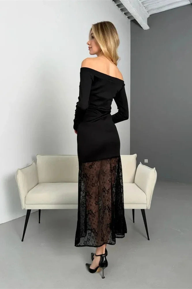 Lace Printed See-Through Patchwork Maxi Dress